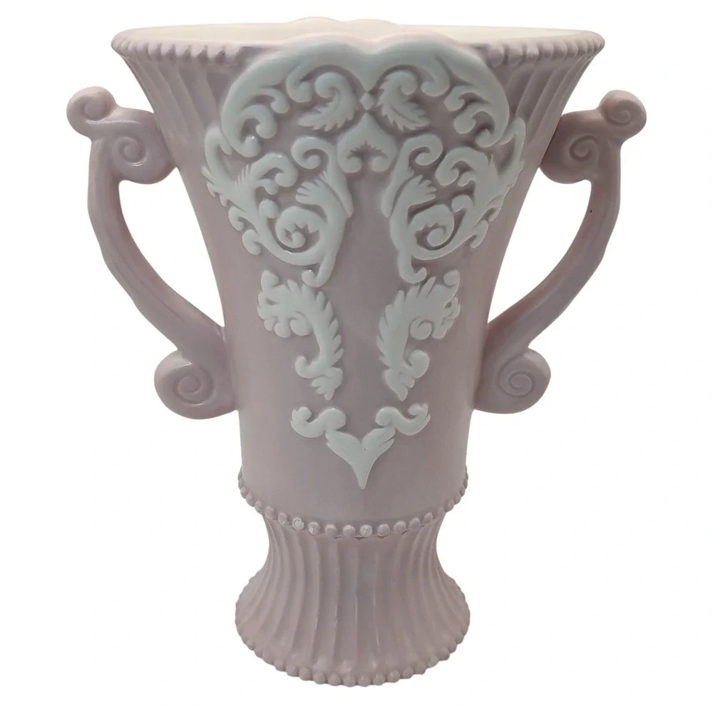 Burton and Burton Grecian Style Vase Pink Dual Handles Raised Design Urn SEE‎